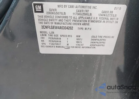 2010 Chevrolet Equinox Ltz z USA, uszkodzony, nr VIN 2CNFLGEW4A6304282